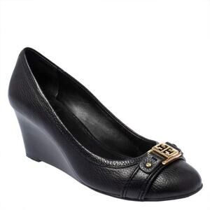 Tory Burch Ambrose Black Wedge Pump Leather Round Toe Slip On Gold Logo 5.5